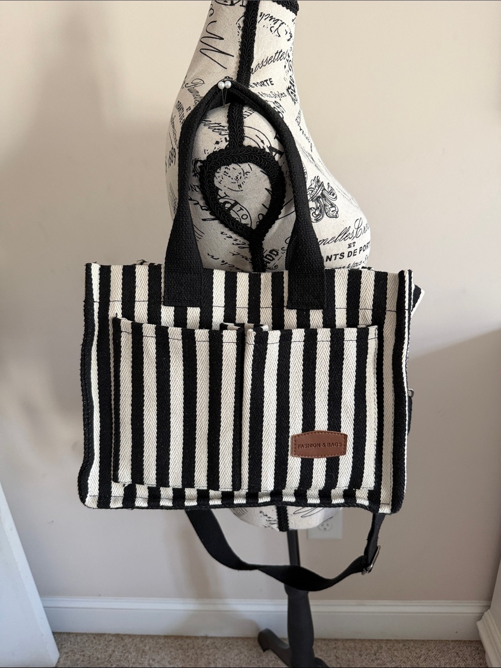 Striped Black & White Tote Bag with Front Pockets